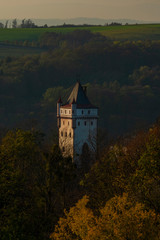 Obraz premium Tower of Hradec nad Moravici castle in autumn evening