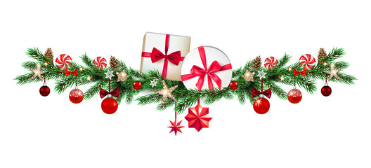 Holiday ornamental border with pine branches