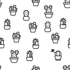 Cactus Domestic Plant Vector Seamless Pattern Thin Line Illustration