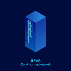 Isometric cloud server isolated on blue. Data center storage room objects. Network server room