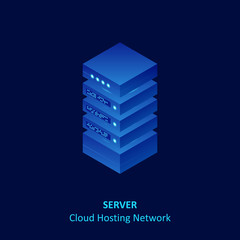 Isometric cloud server isolated on blue. Data center storage room objects. Network server room