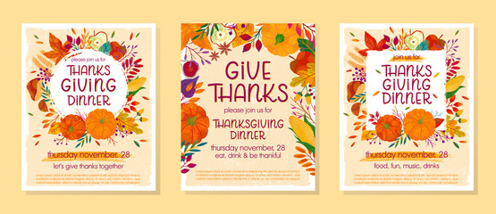 Bundle of Thanksgiving dinner templates with pumpkins,mushrooms,corn,apples,figs,wheat,plants,leaves,berries and floral elements.Holiday invitations design.Trendy autumn vector illustrations.