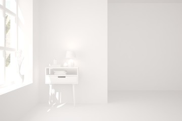 Empty room in white color. Scandinavian interior design. 3D illustration