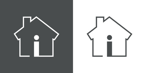 Símbolo información agencia inmobiliaria. Icono plano lineal casa con información en fondo gris y fondo blanco