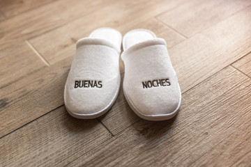 Pair of Slippers on Hardwood Floor with Buenas Noches Stitched on them