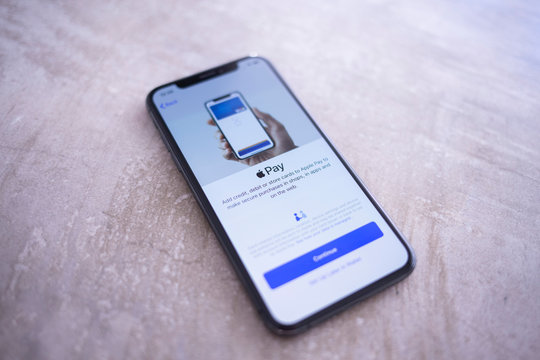 Eppelheim, Baden Württemberg / Germany - 04 24 2019 Apple Iphone XS Space Gray Screen With Apple Pay Setup
