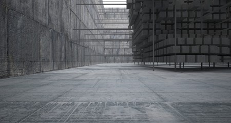 Abstract architectural concrete  interior  from an array of white cubes with large windows. 3D illustration and rendering.