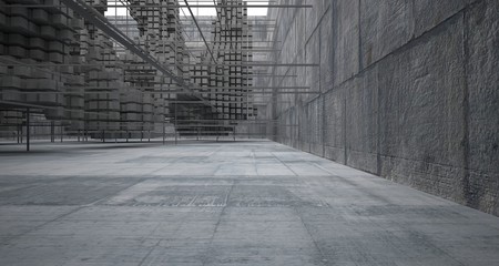 Abstract architectural concrete  interior  from an array of white cubes with large windows. 3D illustration and rendering.