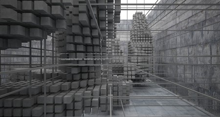 Abstract architectural concrete  interior  from an array of white cubes with large windows. 3D illustration and rendering.