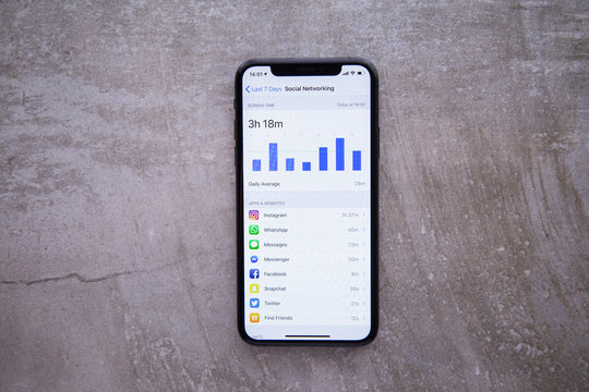 Eppelheim, Baden W&uuml;rttemberg / Germany - 05 01 2019 Apple Iphone XS Space Gray Display Screen Time of Social Media Using