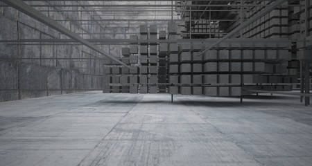 Abstract architectural concrete  interior  from an array of white cubes with large windows. 3D illustration and rendering.