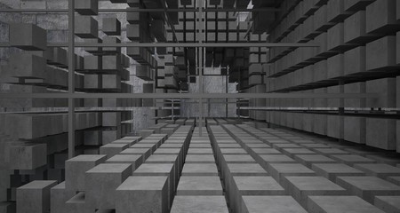Abstract architectural concrete  interior  from an array of white cubes with large windows. 3D illustration and rendering.