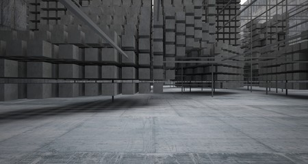 Abstract architectural concrete  interior  from an array of white cubes with large windows. 3D illustration and rendering.
