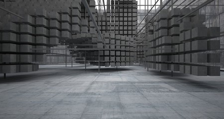 Abstract architectural concrete  interior  from an array of white cubes with large windows. 3D illustration and rendering.