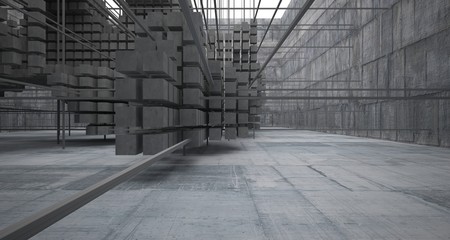 Abstract architectural concrete  interior  from an array of white cubes with large windows. 3D illustration and rendering.