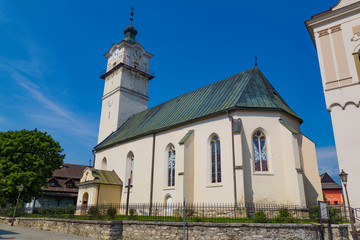 Fototapeta na wymiar Church of St. Juraj outside. Old town Spisska Sobota . Poprad city. Slovakia.