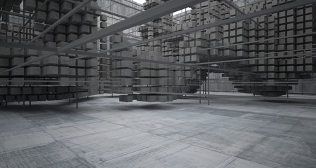 Abstract architectural concrete  interior  from an array of white cubes with large windows. 3D illustration and rendering.
