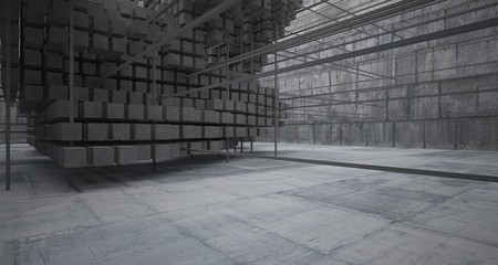 Abstract architectural concrete  interior  from an array of white cubes with large windows. 3D illustration and rendering.