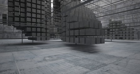 Abstract architectural concrete  interior  from an array of white cubes with large windows. 3D illustration and rendering.