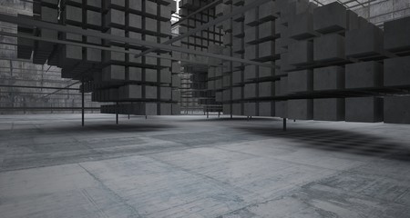 Abstract architectural concrete  interior  from an array of white cubes with large windows. 3D illustration and rendering.