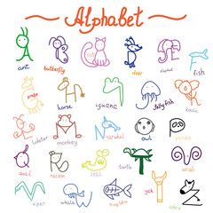 handgetekende alfabet, dieren, kinderen
