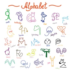 Fotobehang Eenhoorns handgetekende alfabet, dieren, kinderen