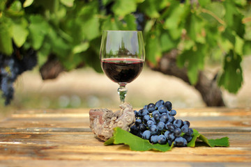 glass of red wine with grape cluster on an old wooden table