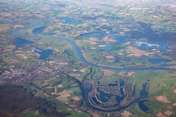 Aerial View of Rhine River between cities of Wesel and Xanten, Germany