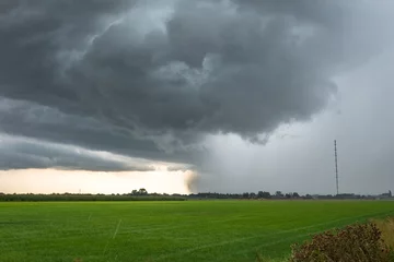 Fotobehang Fast moving thunderstorm over the green, wide open landscape of Holland © Menyhert