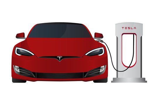 Red Tesla Model S with Tesla Supercharger. Vector illustration