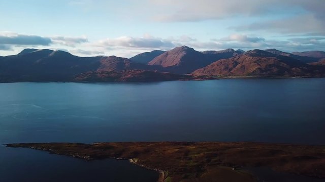 aerial footage of loch linnhe shot from duror on the west coast of scotland in the argyll region of the highlands of scotland showing corran ferry straight and shuna and lismore islands
