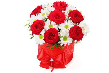 Bouquet of red and white spring flowers on a white background