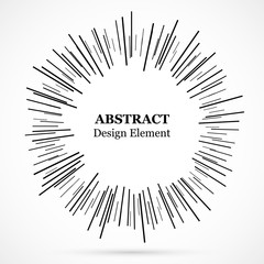 Bursting lines.Set of circular rays.Assymetric radial elements.Linear drawing.Vector illustration pattern.Monochrome explosion background.