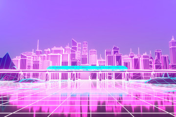 Retro futuristic skyscraper city 1980s style 3d illustration. Digital landscape in a cyber world