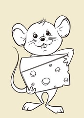 Cartoon mouse holding a piece of cheese, hand drawn outline vector illustration