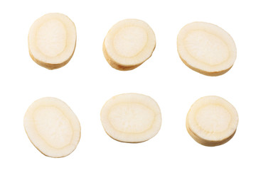 sliced fresh parsley root isolated on white background. top view