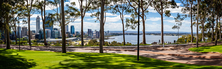Panorama of lemon scented gum trees and Perth Central Business District from Kings Park, Perth, Australia on 25 October 2019 - obrazy, fototapety, plakaty
