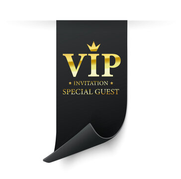 Vip label, badge or tag. Vector black scroll ribbon banner with gold vip text. Vector illustration