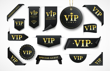 Vip labels, badges or tags. Vector black banners with gold vip text. Vector illustration