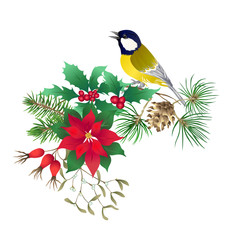 Tit bird - a symbol of winter. Christmas wreath of winter plants. Element for design. Colored vector illustration. Isolated on white background..