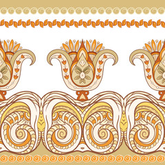 Seamless pattern, background with traditional paisley. Floral vector illustration in damask style. Colored vector illustration in autumn colors..