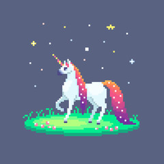 Pixel art fairy unicorn with starry mane.
