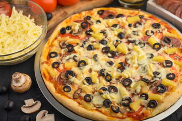 Italian pizza, with ingredients. Cookbook, homemade recipes, restaurant business .horizontal frame