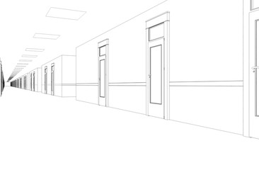 long corridor with doors, contour visualization, 3D illustration, sketch, outline