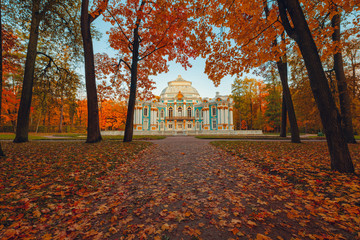 Catherine park, Pushkin, Saint-Petersburg, Russia - October 2019: Autumn morning in park in Russia