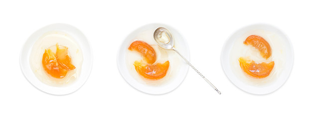A set of photos of the peache sweet tasty homemade jam in the white bowl, isolated on white food .