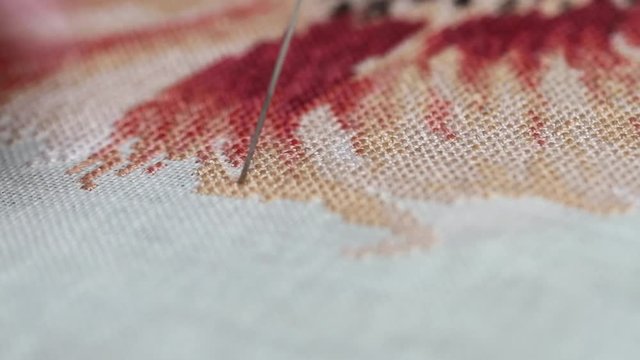 Woman hands doing cross-stitch of red flower. A close up of embroidery.