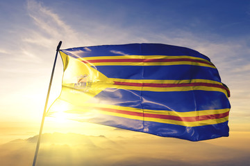 Catanduva of Brazil flag waving on the top sunrise mist fog