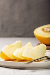 Yellow melon with white pulp, grown without chemical treatments.