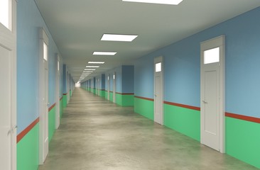 Obraz premium long corridor with doors, interior visualization, 3D illustration